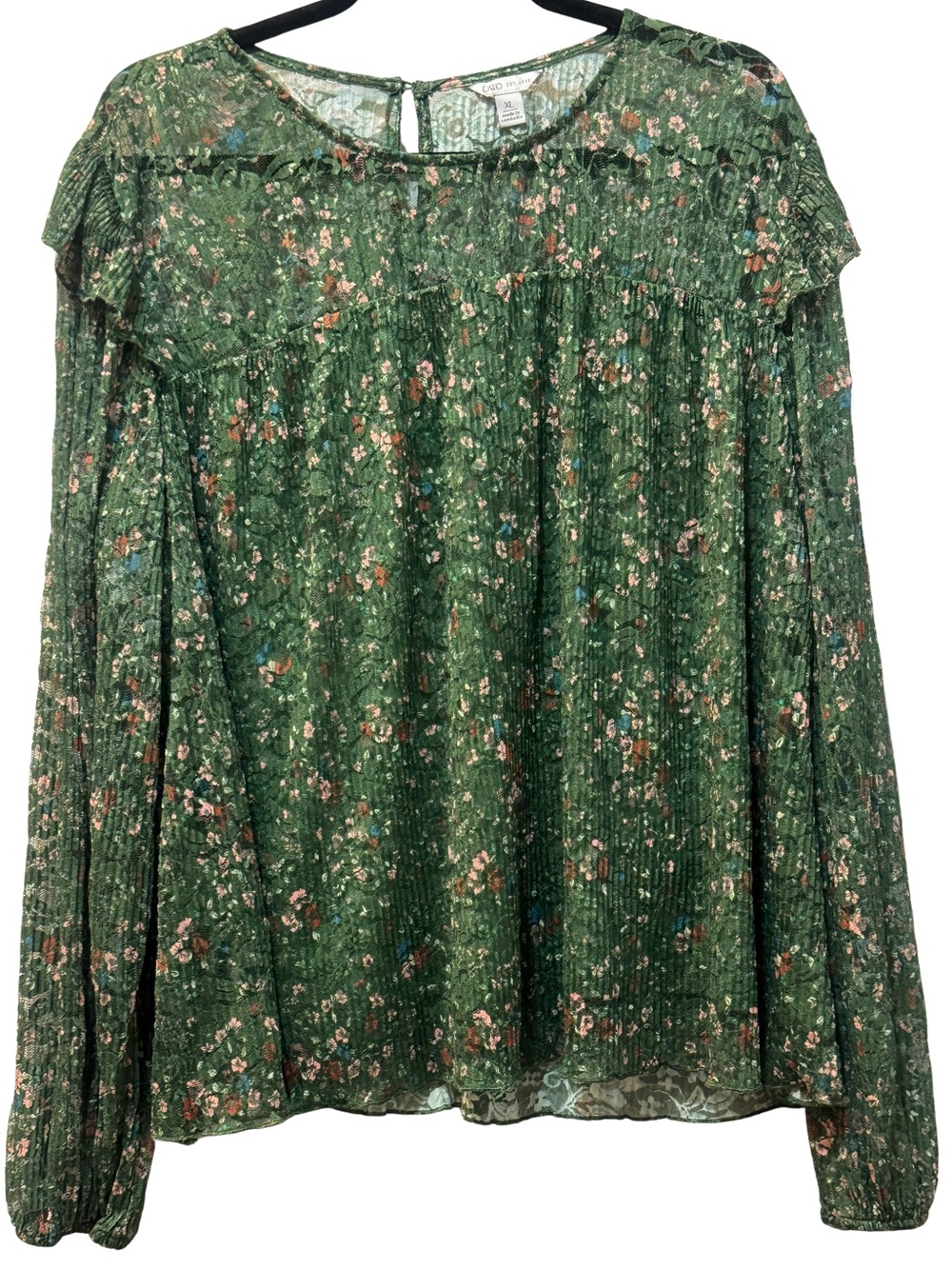Cato Green Floral Ruffle Yoke Long-Sleeve Blouse